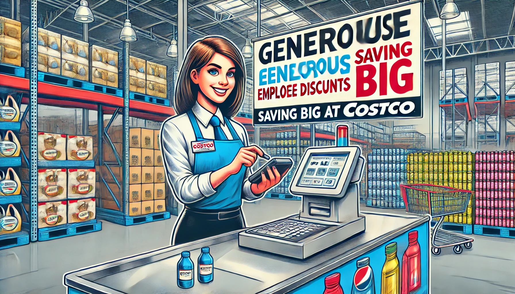 An eye-catching image illustrating 'Generous Employee Discounts: Saving Big at Costco.' The image features a cheerful Costco employee in uniform at the checkout counter, happily scanning discounted items. In the background, Costco shelves are filled with popular products, and price tags highlight special employee discounts. The text 'Generous Employee Discounts: Saving Big at Costco' is prominently displayed in a bold, modern font.
