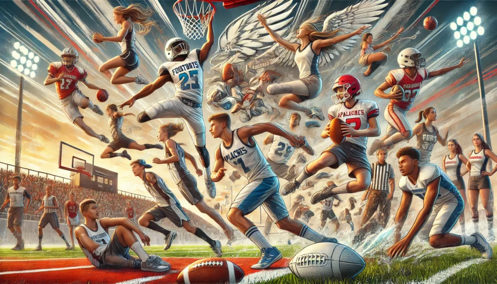 An energetic and action-packed image showcasing the sports teams and athletic programs at Apalachee High School. The image should feature students participating in various sports, such as football, basketball, soccer, and track. The athletes should be shown in action, demonstrating teamwork, skill, and school spirit. The background should include the school’s sports facilities, with the Apalachee High School logo and banners visible, creating a strong sense of athletic pride and achievement. The scene should be vibrant, motivating, and filled with energy.